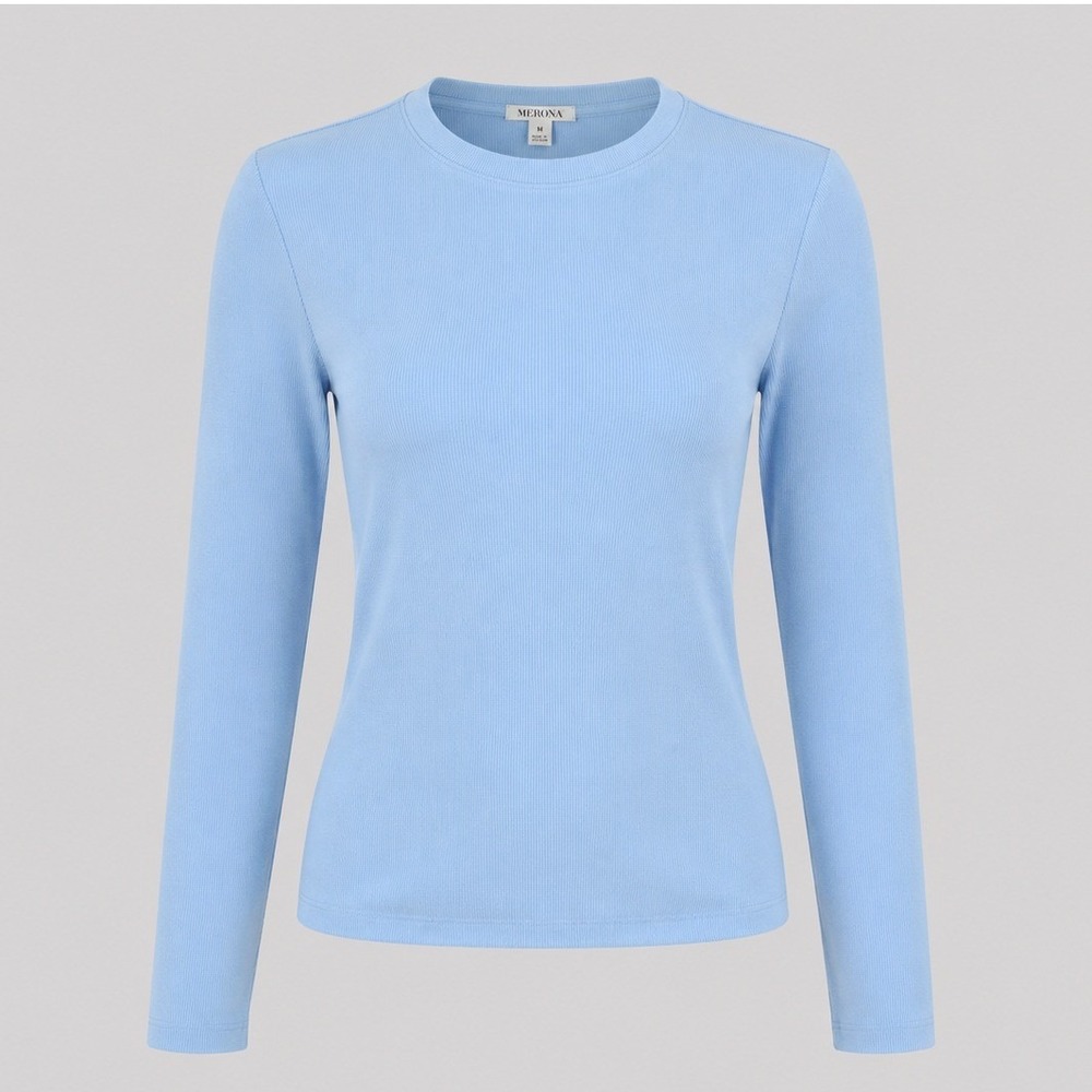 Vintage Y2K Ribbed V Neck Top Womens Medium Blue Stretch Long Sleeve NWT